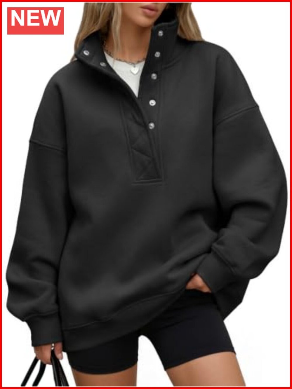 Oversized Henley Snap Button Sweatshirt Womens Pullover